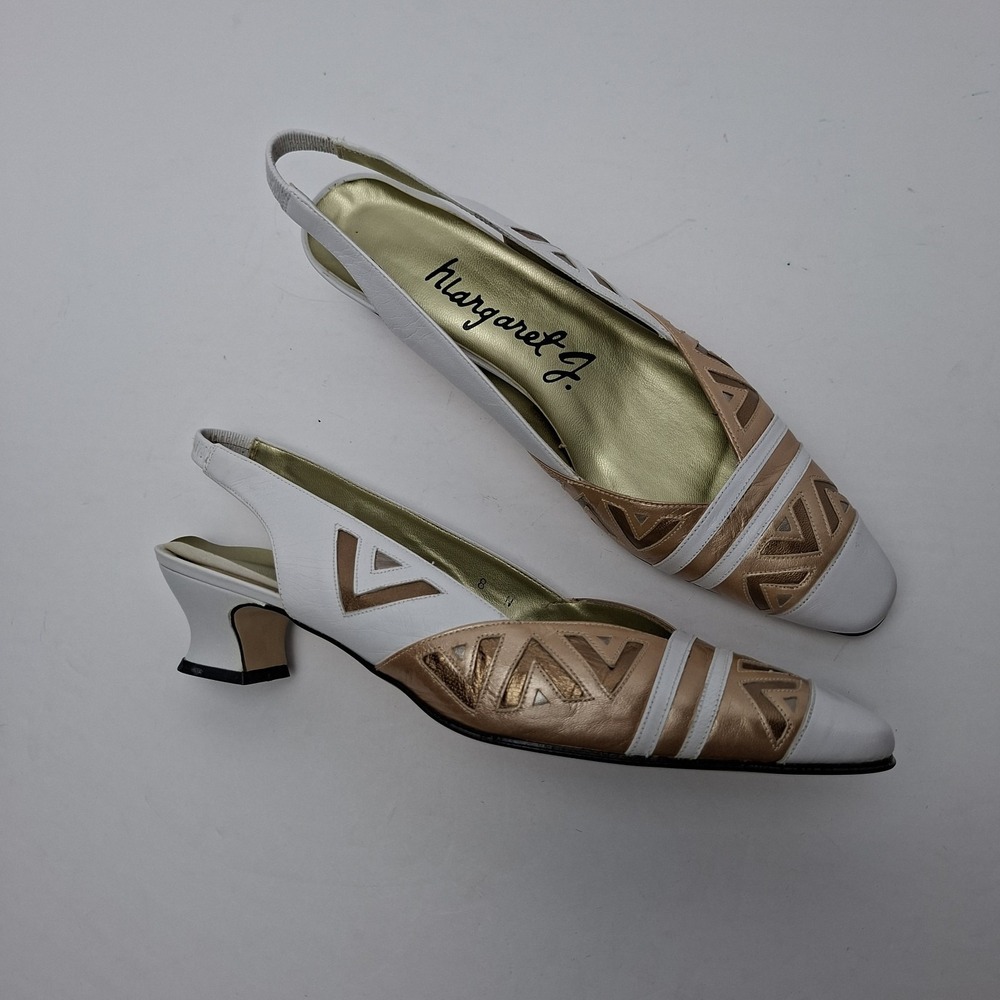 Margaret J VTG Pointed Slingback Block Kitten Leather Women's Size 8 N‎ Gold Geo